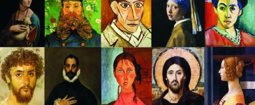 Ilustracja przedstawia kolorowe portrety 10 wybitnych postaci. Wśród nich Dama z łasiczką, Frida, Jezus. Obrazy namalowane kolorowymi farbami w różnych stylach malarskich.