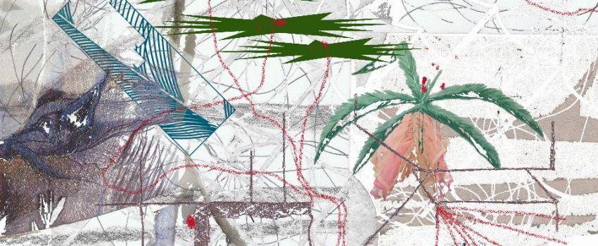 Jasna grafika. Składa się z abstrakcyjnych form oraz elementów roślinnych