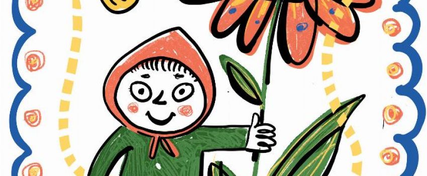 Wesoła kolorowa grafika.  Usmiechnietaostać w zielonym stroju i czerwonej chustce trzyma w ręku usmiechnięty kwiat. Nad nimi pszczoła.