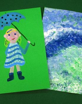Na ciemnozielonym tle dwie prace. Praca po lewej ukazuje na jaskrawo zielonym tle namalowana dziewczynka w niebieskim płaszczu z niebieskim rozłożonym nad głową parasolem. Praca po prawej przedstawia obraz abstrakcyjny niebieskie, zielone i białe plamy pr