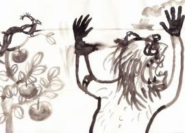 Rysunek czarnym tuszem na białym tle. Po prawej dziwaczna postać w rękoma w górze i otwartymi ustami, po lewej owocująca jabłoń, na niej ptak.