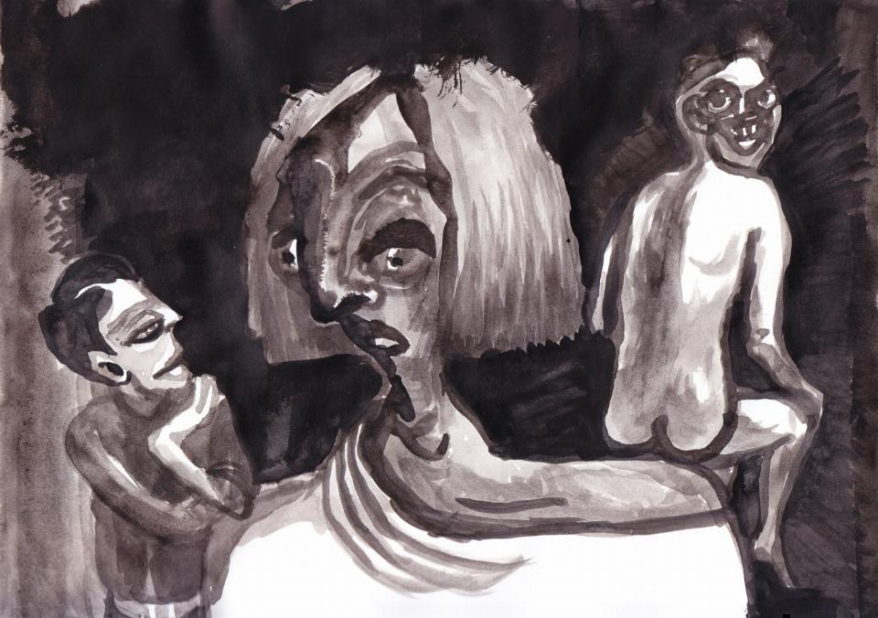 Na rysunku dominuje czarny tusz. Na środku na pierwszym planie dziwaczna postać kobiety. W tle po obu stronach kobiety dwaj mężczyźni, ich postaci są znacznie mniejsze.