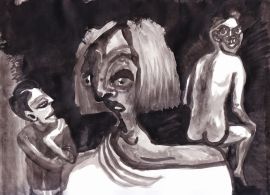 Na rysunku dominuje czarny tusz. Na środku na pierwszym planie dziwaczna postać kobiety. W tle po obu stronach kobiety dwaj mężczyźni, ich postaci są znacznie mniejsze.