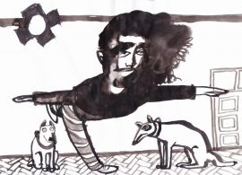 Rysunek czarnym tuszem na białym tle. Na środku dziwaczna postać mężczyzny. Stoi na jednej nodze robią tzw. jaskółkę. Po obu jego stronach dwa psy siedzące na podłodze.