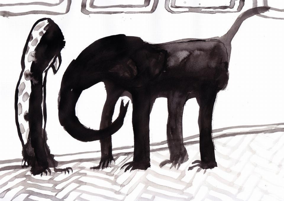 Rysunek czarnym tuszem na białym tle. Na środku czarny dziwaczny słoń. Obok, po lewej nieokreślona postać.