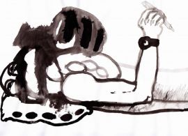 Rysunek czarnym tuszem na białym tle. Łysa postać leżąca na plecach. Na dolnej połowie twarzy i klatce piersiowej nieokreślony kształt. Prawa ręka zgięta w łokciu i uniesiona do góry, trzyma coś przypominającego ołówek.