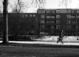 Czarnobiała fotografia przedstawiająca fragment osiedla w zimie. Po prawej stronie widać postać idącą po nieodśnieżonej ścieżce. Jest nieostra. W prawej dłoni niesie przedmiot. Po lewej stronie znajduje się fragment pnia drzewa. W tle niski blok.