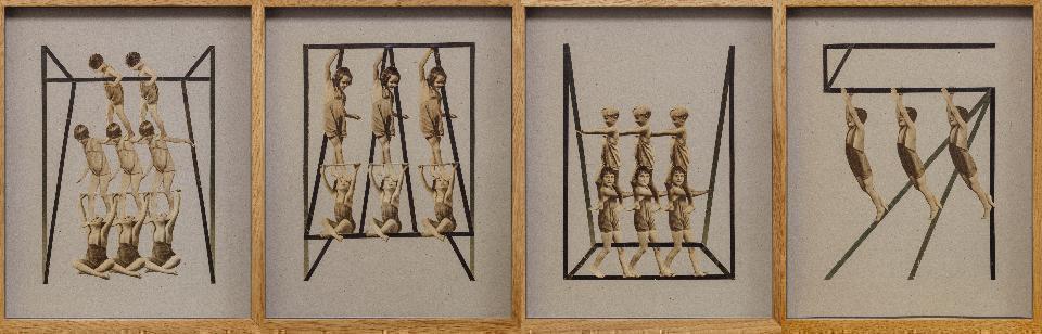 kolaż utrzymany w beżowo-brązowej tonacji; powielone czarno białe zdjęcia dzieci wykonujących ćwiczenia z czarnymi kompozycjami geometrycznymi