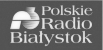 logotyp polskiego radia białystok, biały tekst z nazwą radia na niebieskim tle