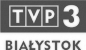 logotyp TVP3 Białystok, biały napis TVP 3 na niebieskim tle, pod spodem niebieski napis Białystok