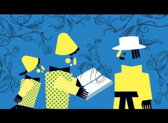 Kadr z filmu. To kolorowa grafika. Przedstawia trzech ludków. Jeden z nich trzyma książkę. Grafika w kolorze niebieskim, żółtym, czarnym i białym.