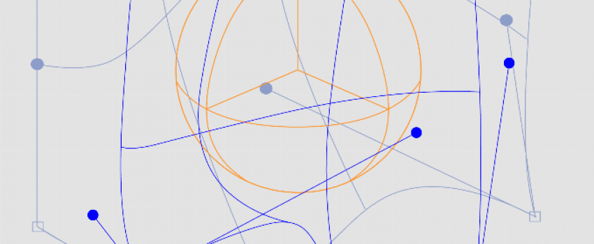 plakat wydarzenia "Horyzonty zdarzeń wirtualnych", szare tło, niebieskie kropki połączone liniami, w centrum żółte przestrzenne koło