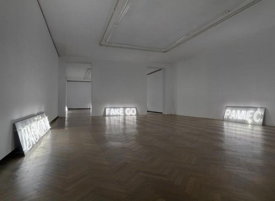 Sala wystawowa Galerii Arsenał. Przy białych ścianach, na podłodze stoją białe neony. Są to napisy: ZAGROŻENIE, FAKE GO, PAMIĘĆ.